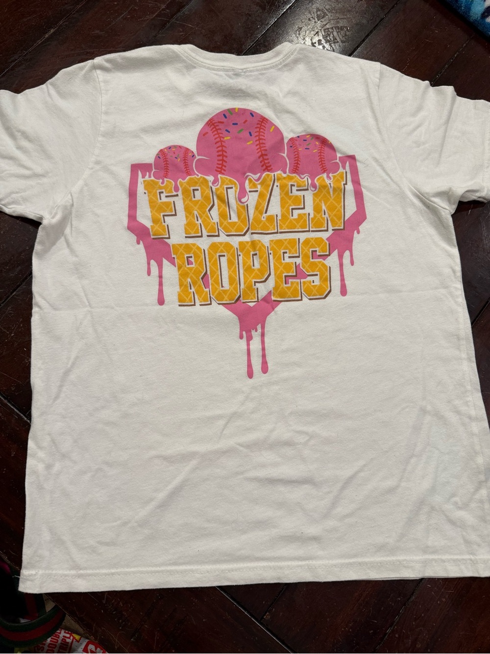 Frozen Ropes Kids Short Sleeve Tee - White with Pink & Yellow Graphic